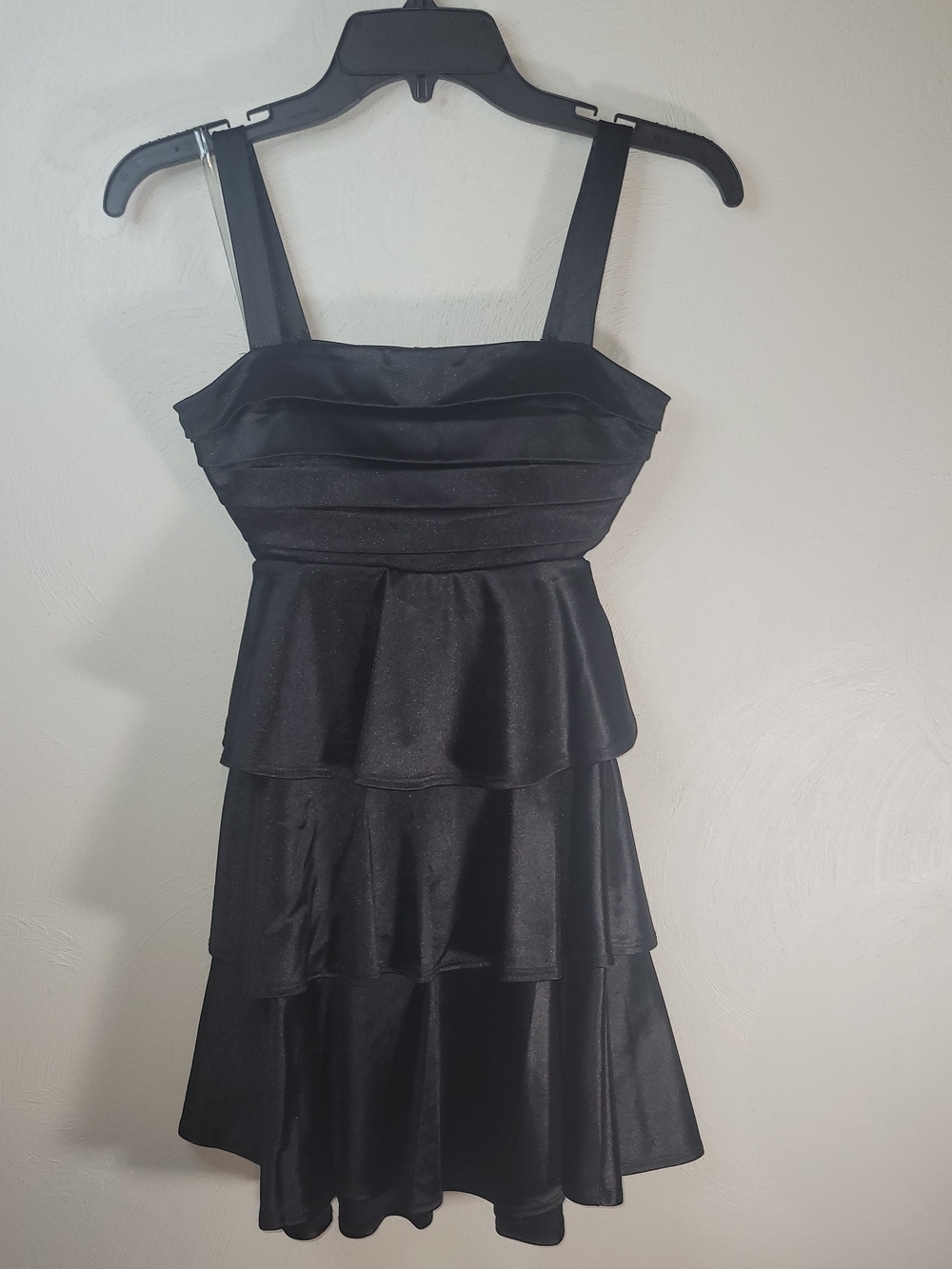 Honey and Rosie Black Satin Tiered Mini Dress with Wide Straps- Size XS